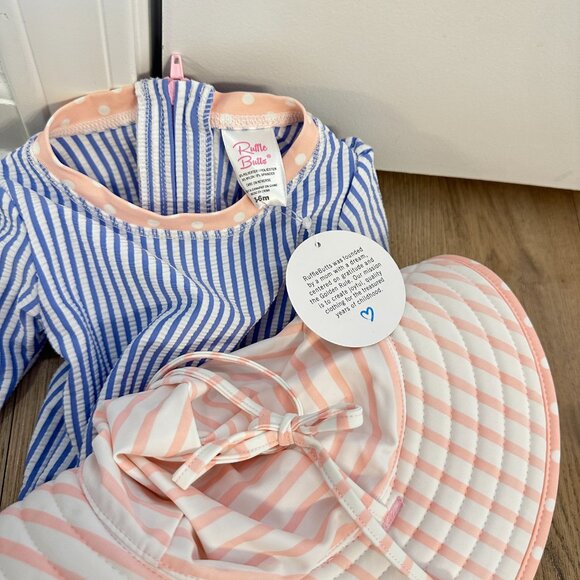 RUFFLEBUTTS Seersucker Tulle Skirted One Piece Swimsuit in Periwinkle Blue 3-6M - Picture 6 of 9